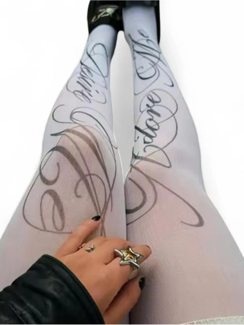 Script Print White Tights with Black Design
